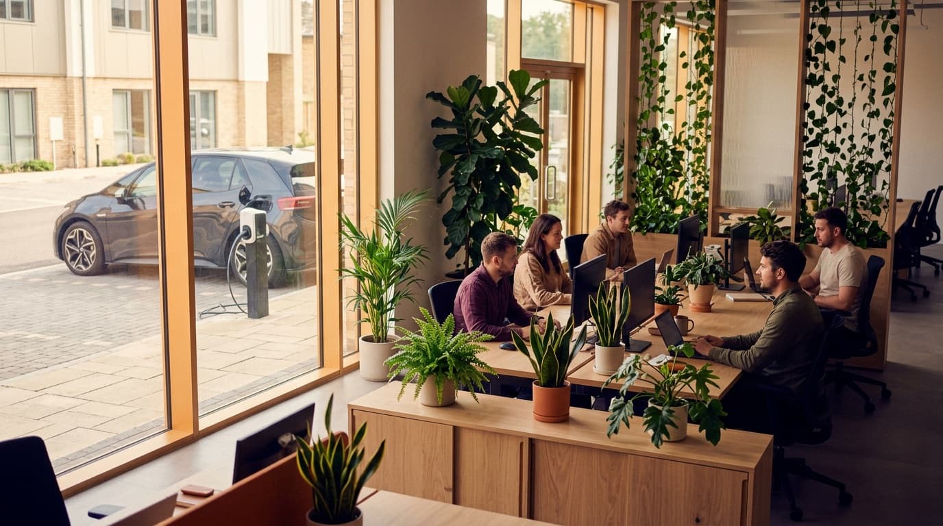 A sustainable, modern South West business office with electric vehicle charging outside