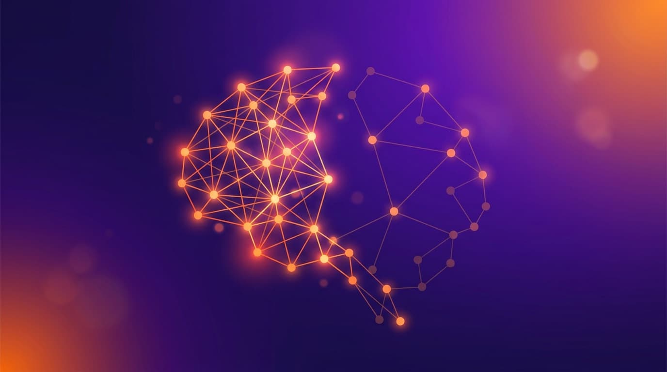 An abstract neural network, one half brightly lit and one half dim, representing the gap between adopting AI and getting real value from it.