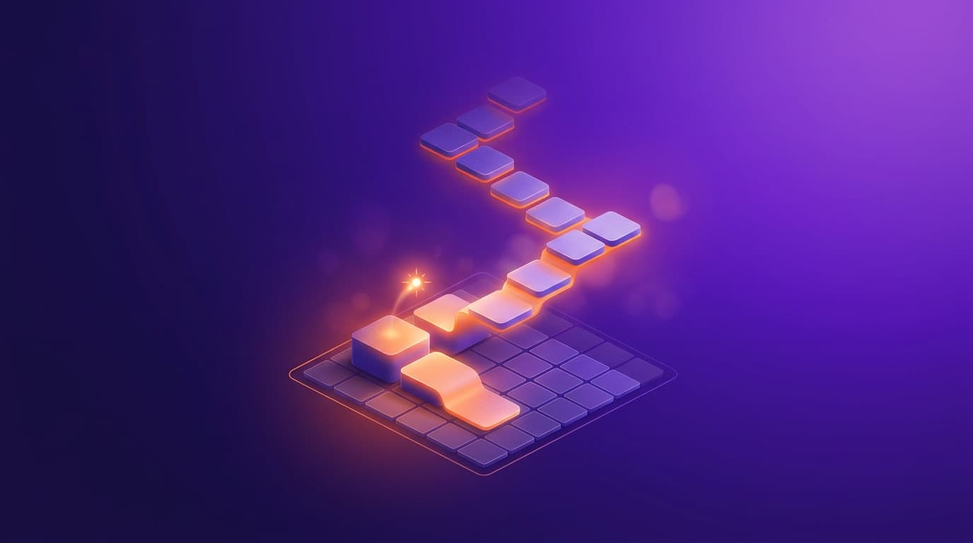 Glowing stepping-stone blocks rising in a pathway from an orderly data grid, representing a smaller business taking its first steps into AI.