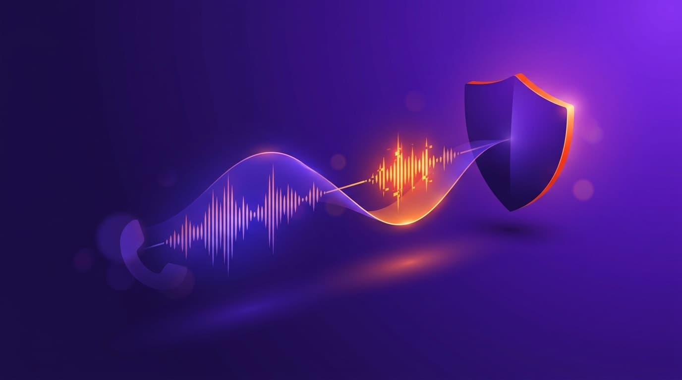 A voice soundwave flowing from a phone handset toward a protective shield, representing defence against AI voice-cloning payment scams.