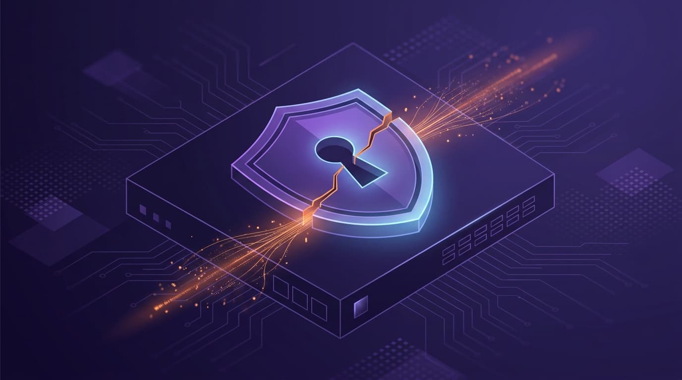 A glowing security shield with a keyhole sitting on a dark network appliance, cracked down the middle with orange streams of light and data particles leaking out, on a deep purple field, representing sensitive data escaping a vulnerable remote-access gateway.