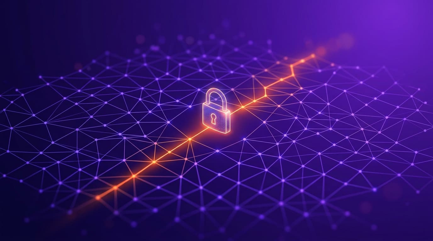 A digital padlock on a network grid with a single highlighted entry point, representing how cyber breaches find a way in.
