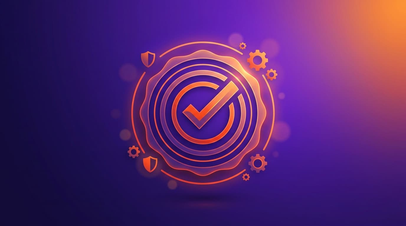 A glowing certification seal with a checkmark, gears and shields, representing the updated and stricter Cyber Essentials standard.