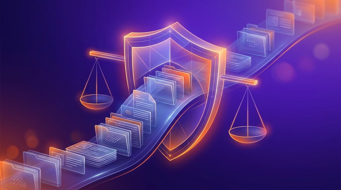A glowing protective shield and balanced scales over a stream of data files, representing UK data-protection rules and compliance.