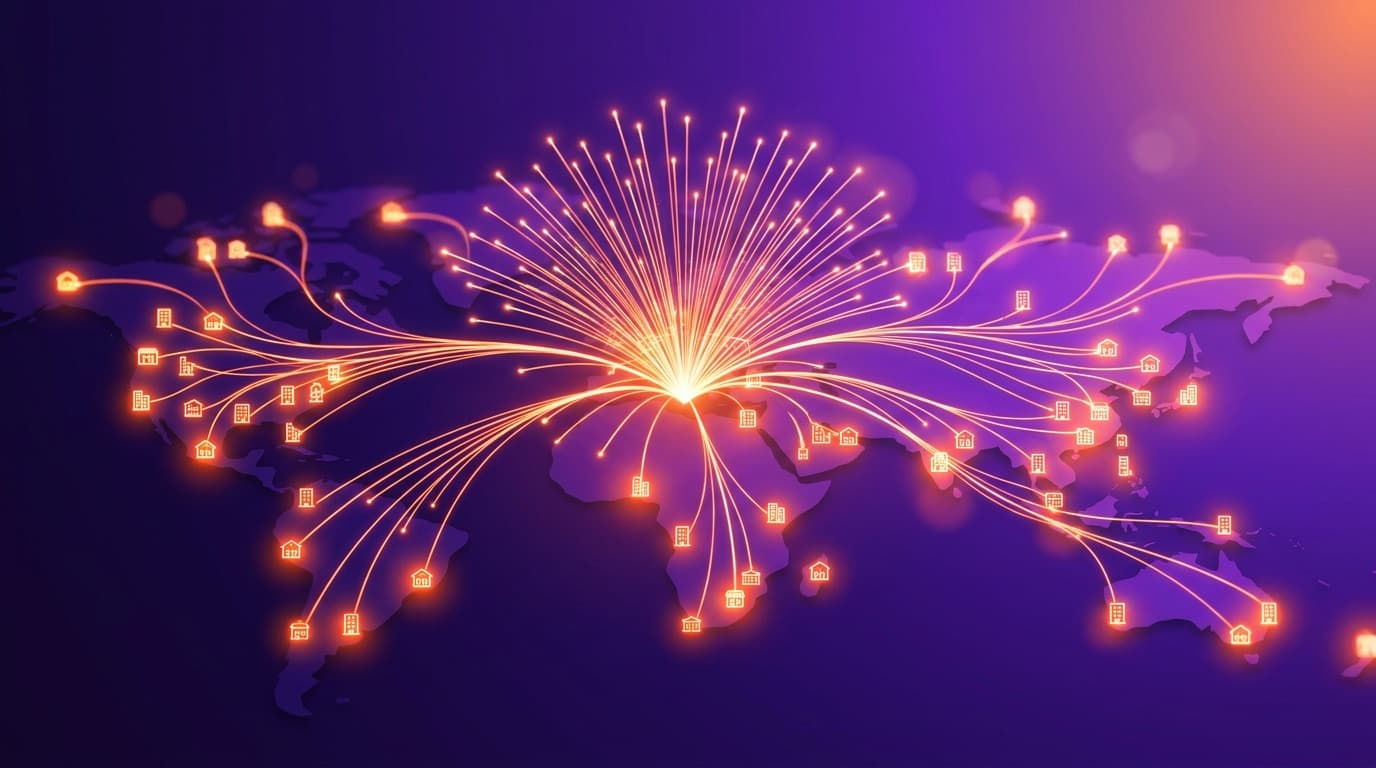 Fibre-optic strands radiating across a map to glowing premises icons, representing full-fibre broadband now reaching most of the UK.