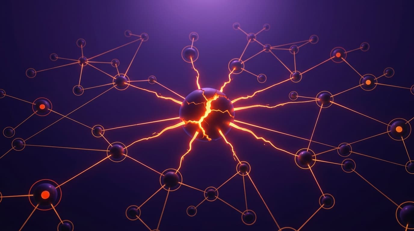 A network of glowing interconnected business nodes on a deep purple field, with a bright orange fracture at the centre rippling outward along the connecting lines, representing a cyberattack spreading through a connected supply chain.