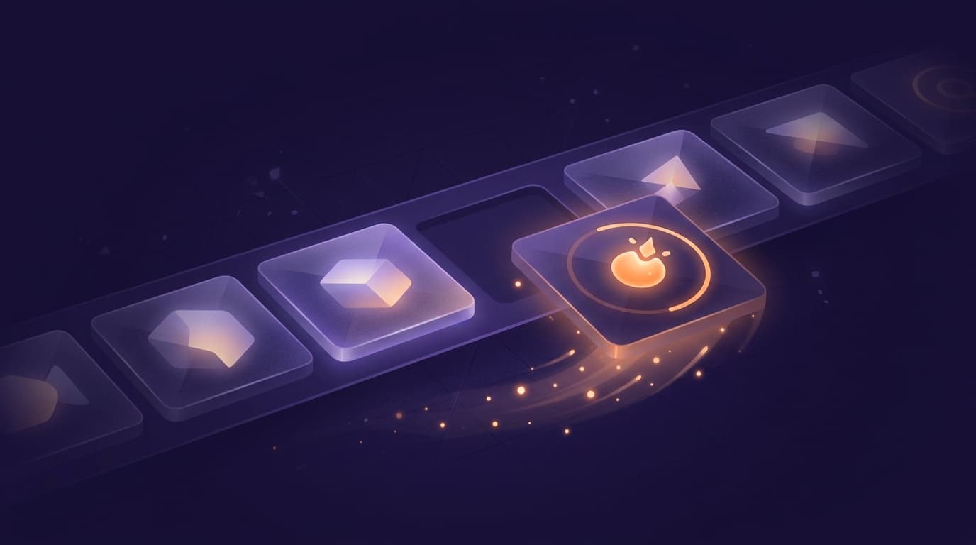 A row of translucent desktop app tiles on a deep purple field, with one new tile carrying a glowing orange spark icon sliding into place on its own, ringed by an install-progress arc, representing an app installing automatically in the background.