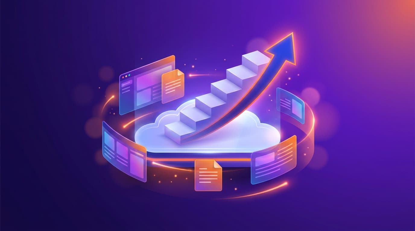 A glowing cloud platform with floating productivity panels and an ascending orange arrow, representing Microsoft 365 subscription prices rising.