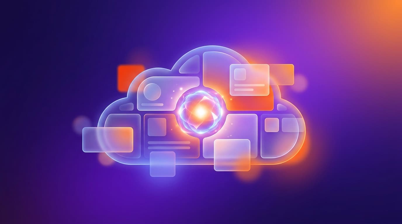 A cloud of productivity app tiles around a glowing AI orb, representing Copilot becoming a built-in part of Microsoft 365 plans.