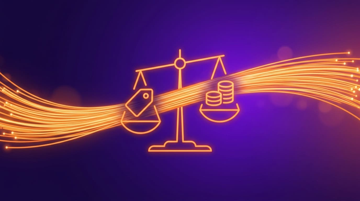 Glowing fibre-optic strands sweeping through a set of balance scales with a price tag and coins, representing the review of fibre and leased-line pricing.