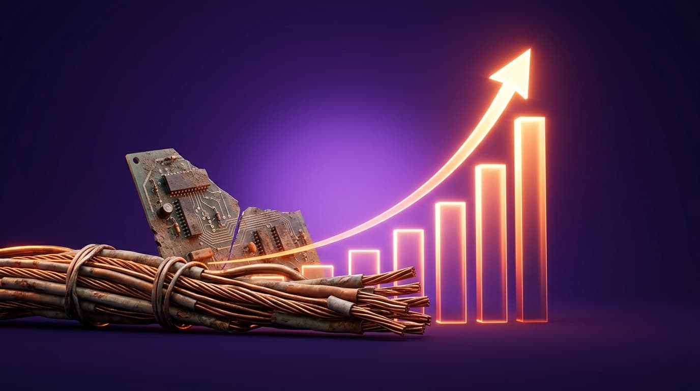 A bundle of aged copper telephone wires beside a rising orange bar chart and upward arrow made of glowing light, on a deep purple field, representing the rising cost of legacy copper phone lines.