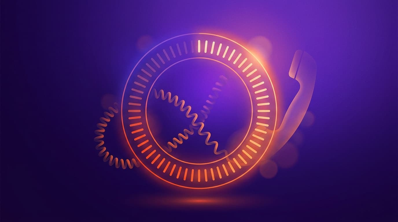 A glowing countdown dial entwined with an analogue phone handset and coiled cord, representing the ticking deadline for the phone network switch-off.