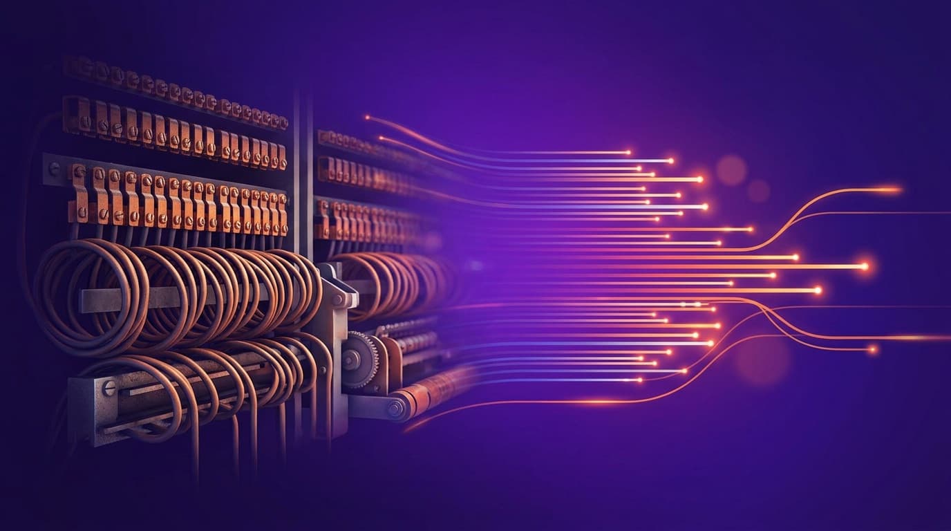 An old copper telephone switchboard dissolving into glowing fibre-optic strands, representing the staged move off the legacy phone network.