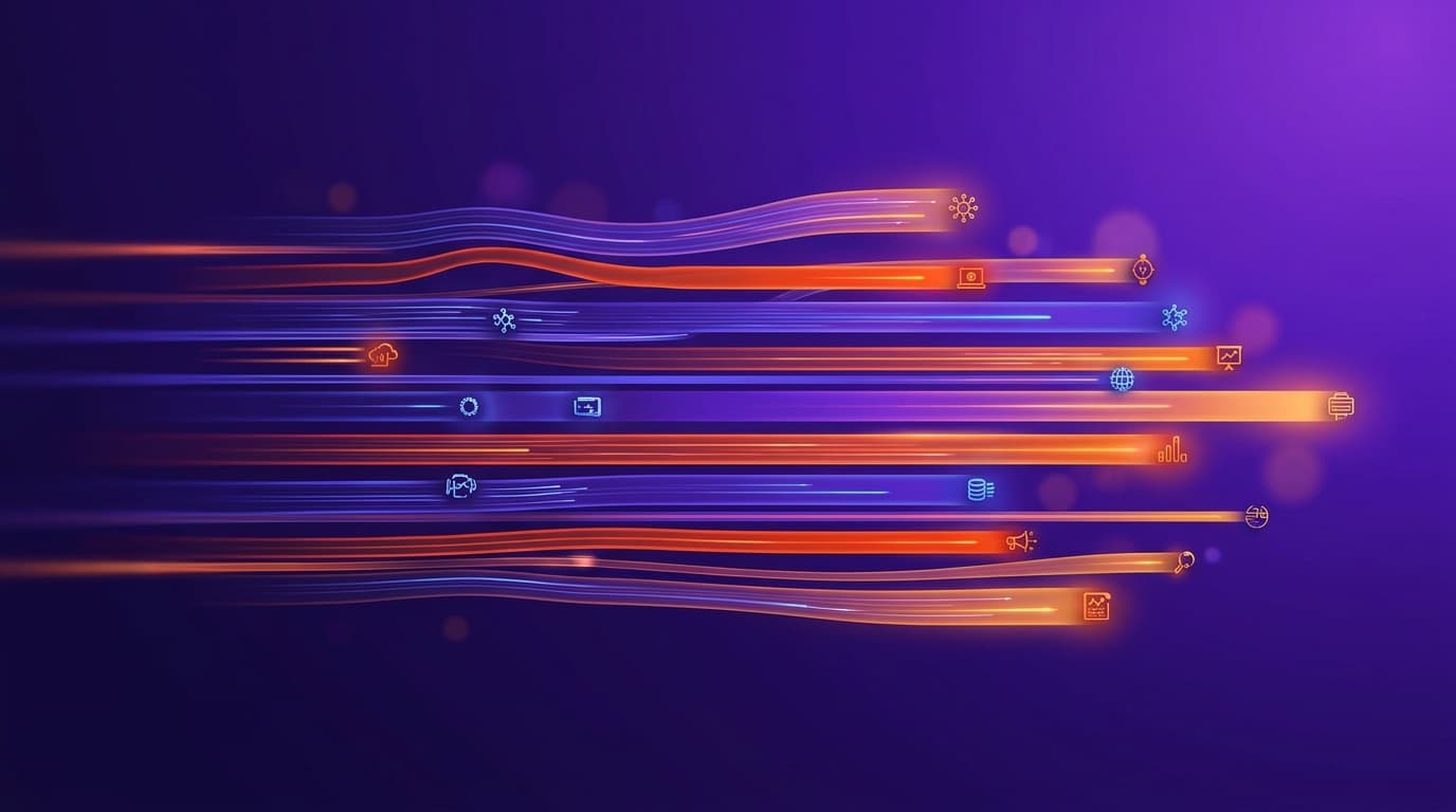 Flowing horizontal streams of glowing data carrying small technology icons, representing a week of business IT and comms news.