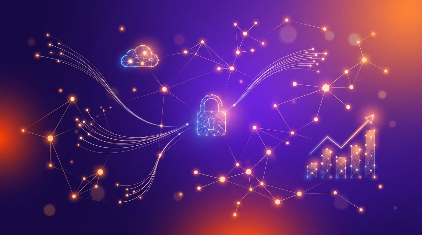 Abstract network of glowing cloud, security, fibre and data motifs in Cobalt's purple and orange palette, representing the week's business IT and comms news.